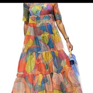 Colorful Abstract Print Tiered Maxi Dress - Multicolor